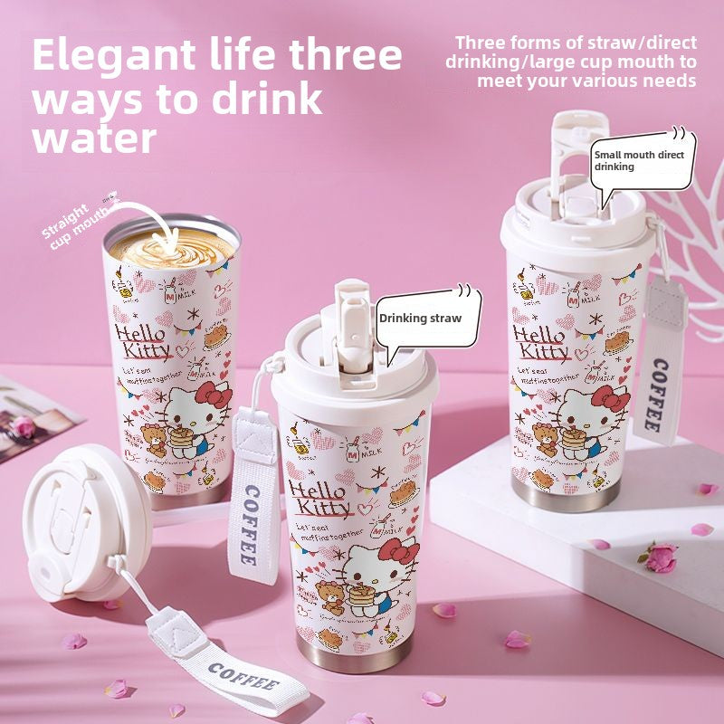 sanrio straw cup stainless steel 316 cute Hello Kitty coffee cup Kawaii cartoon large capacity thermos cup creativity Gift