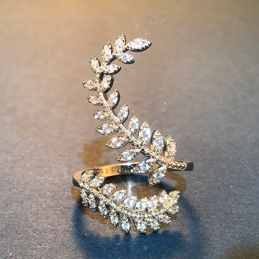 Graceful Leaves shape Both Ends of the Open Ring Silver Color Girl Party Rings Crystal Zircon Fashion Women's Jewelry