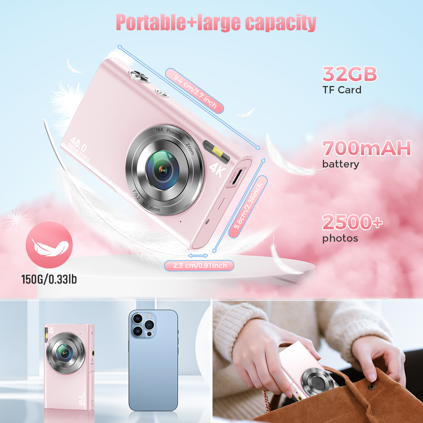 4K Digital Camera Auto Focus Vlog Camera HD 48MP with 2.8 Inch Large Screen Camcorder Camera for Kids Adult Photography