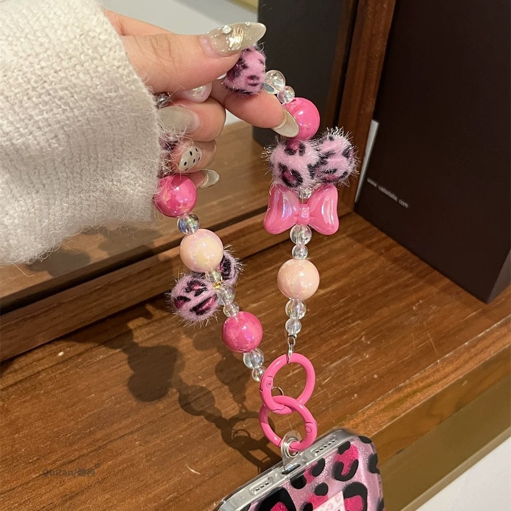 Pink Leopard Mobile Phone Lanyard Wrist Strap Women'S Hand-Held Chain Short Anti-Lost Cell Phone Case Cute Lanyard Key Pendant
