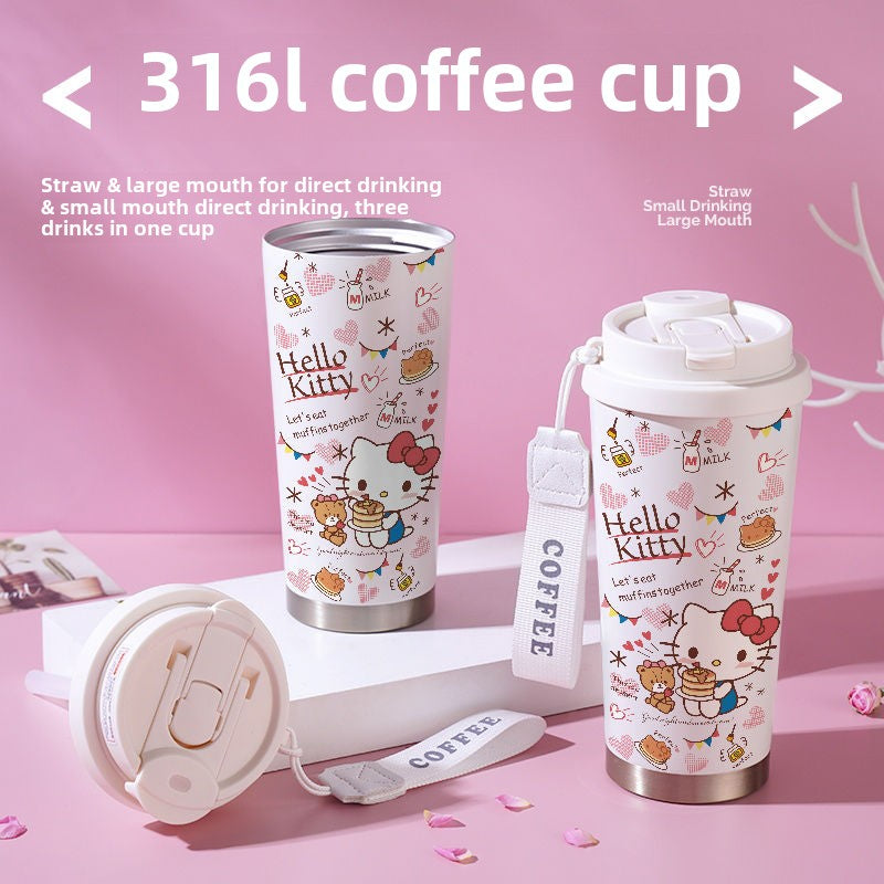 sanrio straw cup stainless steel 316 cute Hello Kitty coffee cup Kawaii cartoon large capacity thermos cup creativity Gift