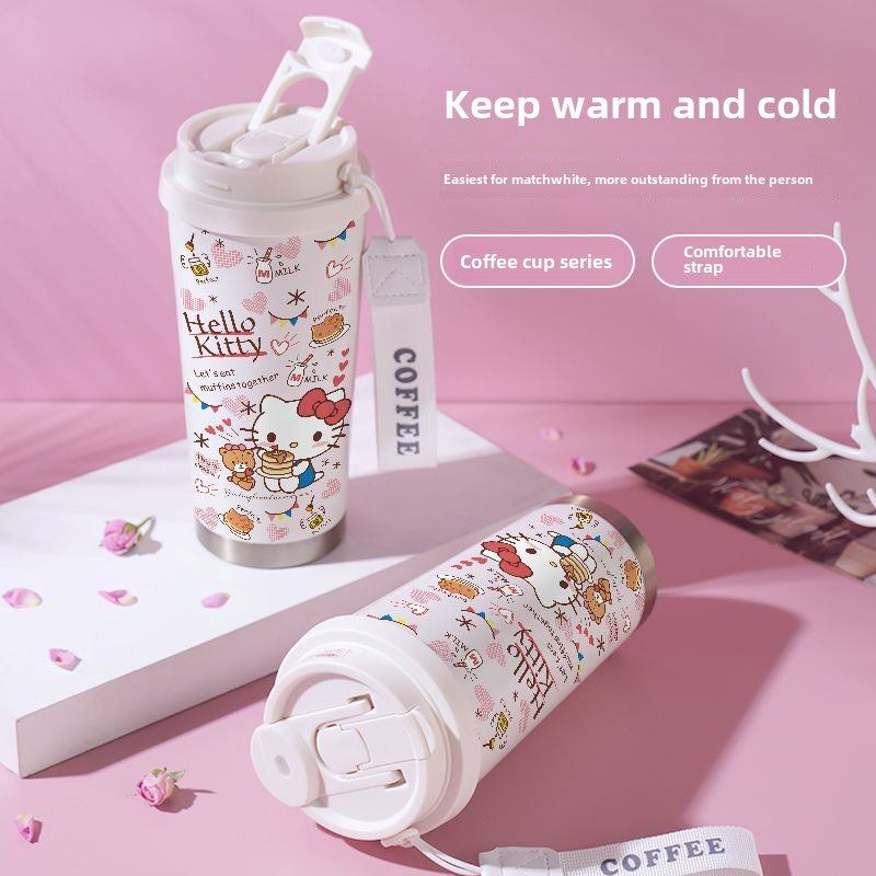 sanrio straw cup stainless steel 316 cute Hello Kitty coffee cup Kawaii cartoon large capacity thermos cup creativity Gift