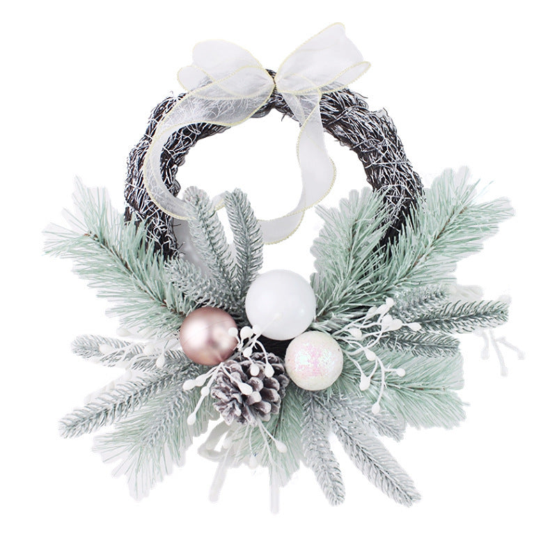 Christmas Pink Wreath Decoration Set | PE Pine Needle + Electroplated Ball + Plastic Pine Cone | Vine Rattan Holiday Wreath