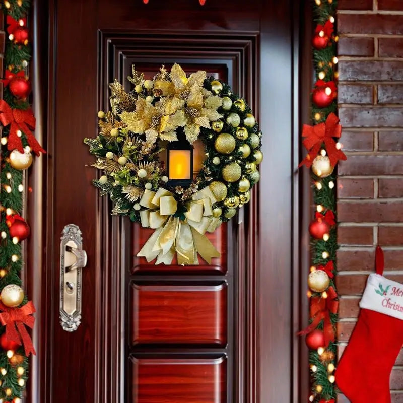 30cm Christmas Wreath With Lantern Front Door Garland Decoration With Large Bow Seasonal Christmas perfect Ornament For Wall