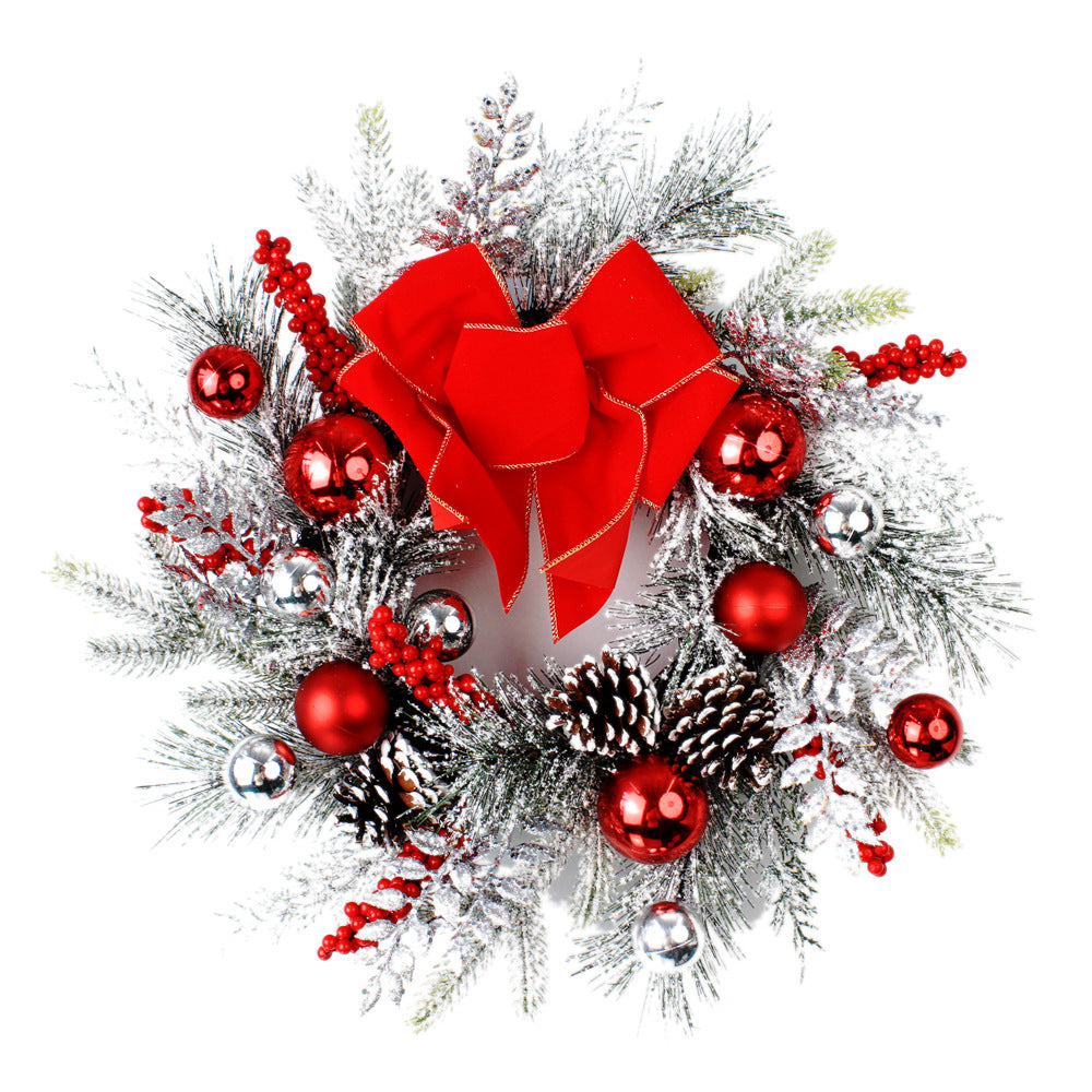 Christmas New Snow Powder Frost Wreath | PE Pine Needle + Red Ball + Window Bow | Exquisite Rattan Door Hanging