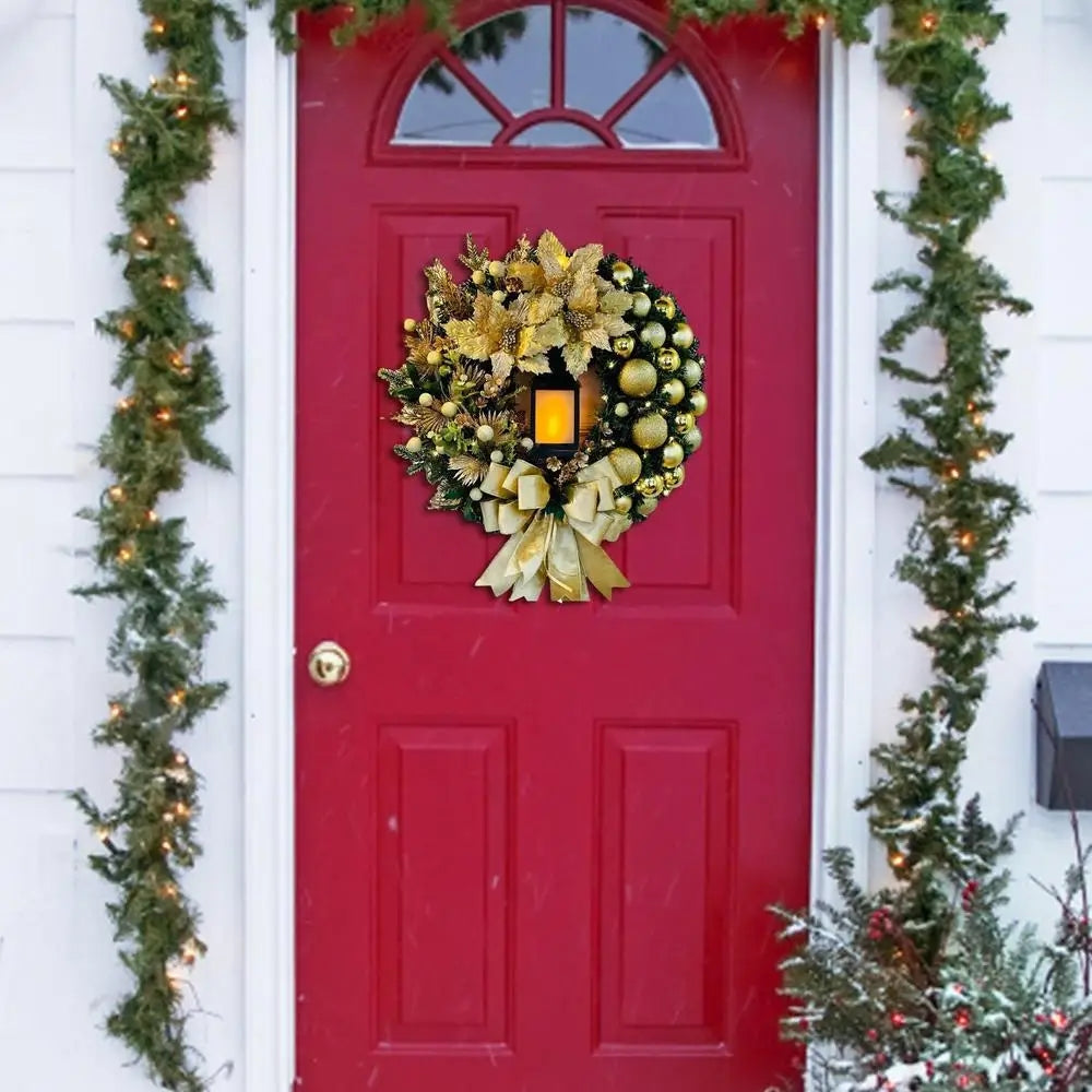 30cm Christmas Wreath With Lantern Front Door Garland Decoration With Large Bow Seasonal Christmas perfect Ornament For Wall
