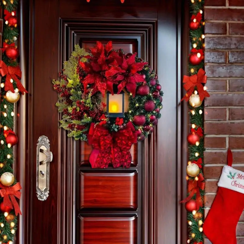 30cm Christmas Wreath With Lantern Front Door Garland Decoration With Large Bow Seasonal Christmas perfect Ornament For Wall