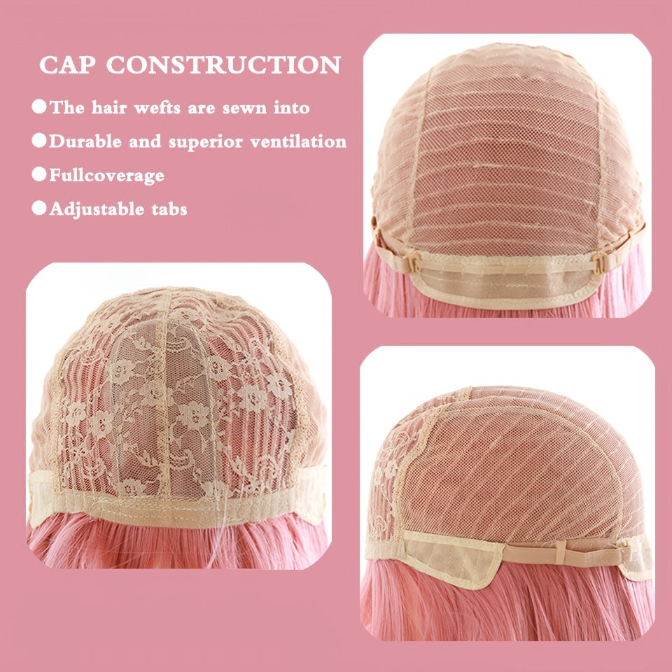 Cosplay Wig with Bangs Synthetic Straight Hair 24 Inch Long Heat Resistant Pink Women Wig