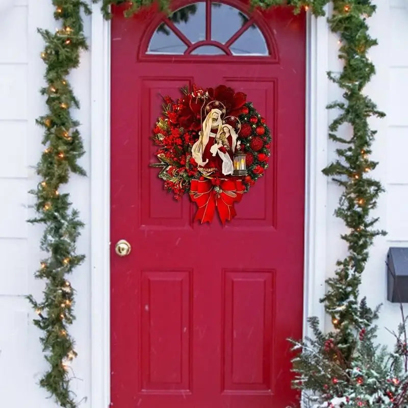 30cm Christmas Wreath With Lantern Front Door Garland Decoration With Large Bow Seasonal Christmas perfect Ornament For Wall