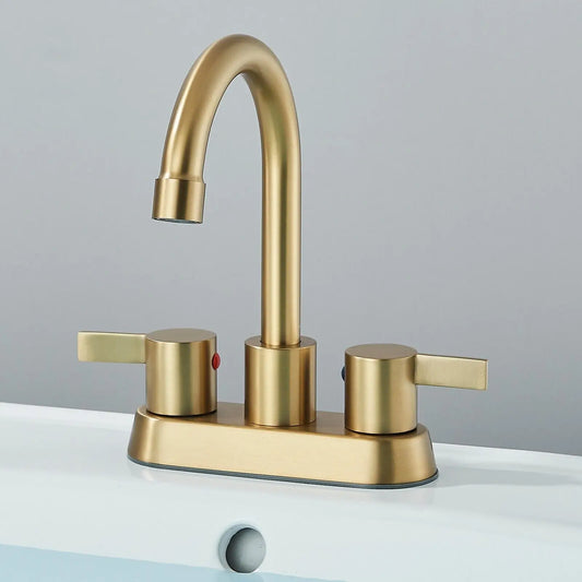 4 Zoll großer Badezimmer-Wasserhahn mit 2 Griffen aus gebürstetem Gold für die Toilette mit Pop-up-Ablaufgarnitur und Wasserhahn-Zuleitungen