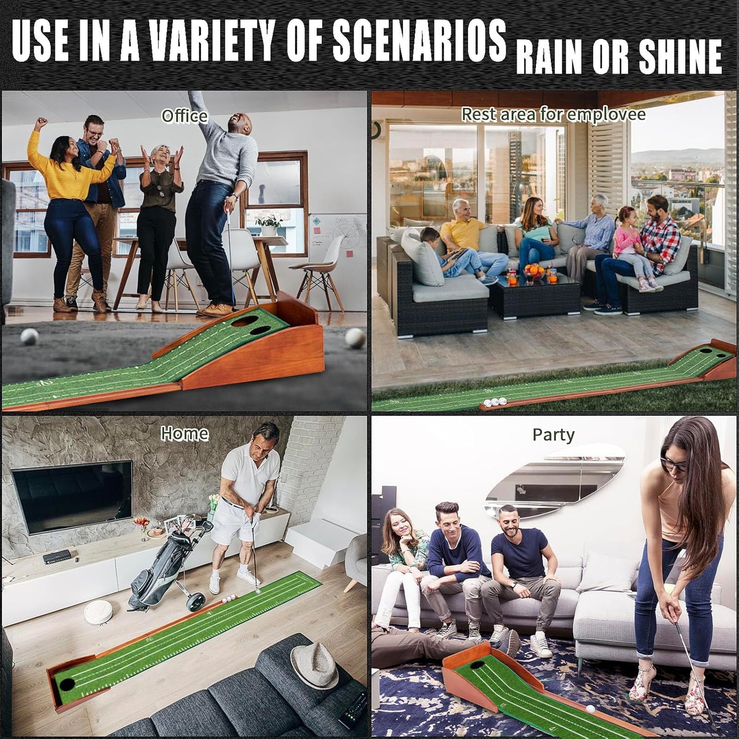 Putting Green Indoor | No Hump Golf Mat | Auto Ball Return | Easy To Fold Solid Wood Base | Luxurious Velvet Surface | Ideal For Home Office Golfers