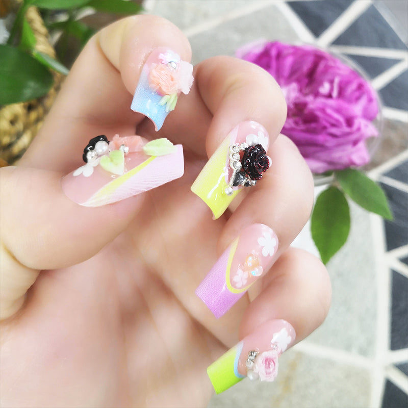 Painted nail art Peony nails on fingertips