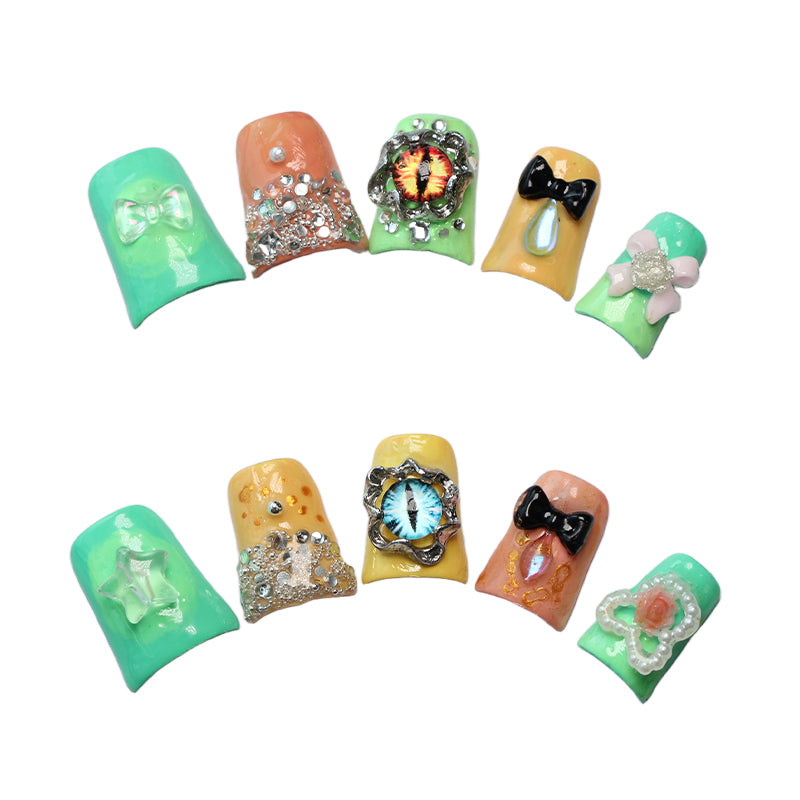 Bright green and yellow contrast fun vibrant style cat eye crystal accessories short wearable nail art fake nails