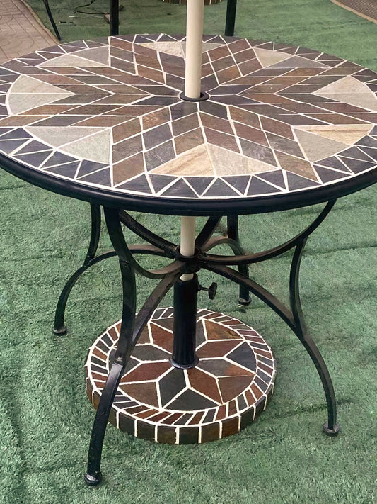 Large Round Garden Stone Table | Colorful Collage Art Tabletop for a Cozy Outdoor Space