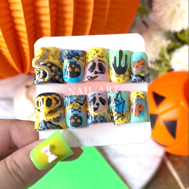 Halloween fantasy nail art stickers featuring pumpkin, skull, and snake elements