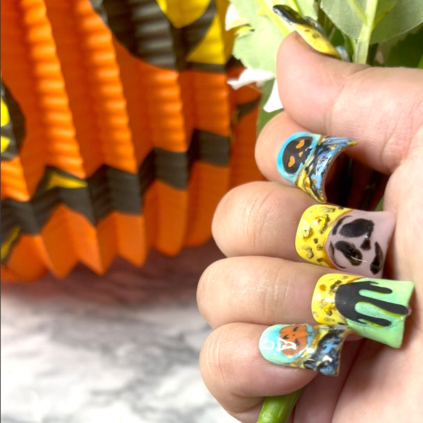 Halloween fantasy nail art stickers featuring pumpkin, skull, and snake elements