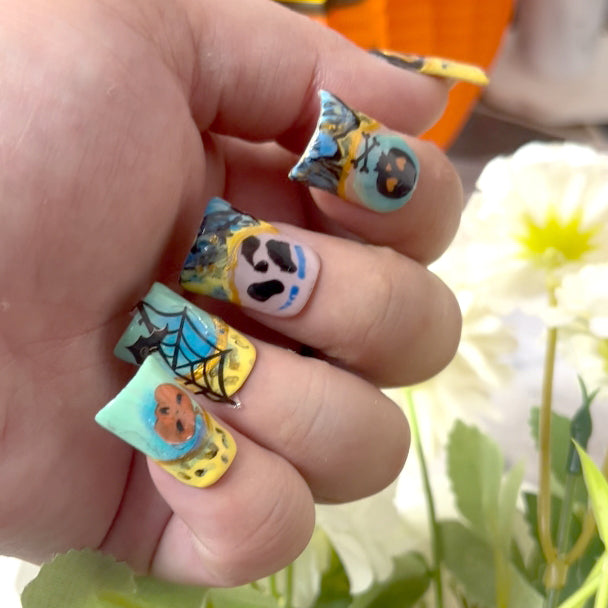 Halloween fantasy nail art stickers featuring pumpkin, skull, and snake elements