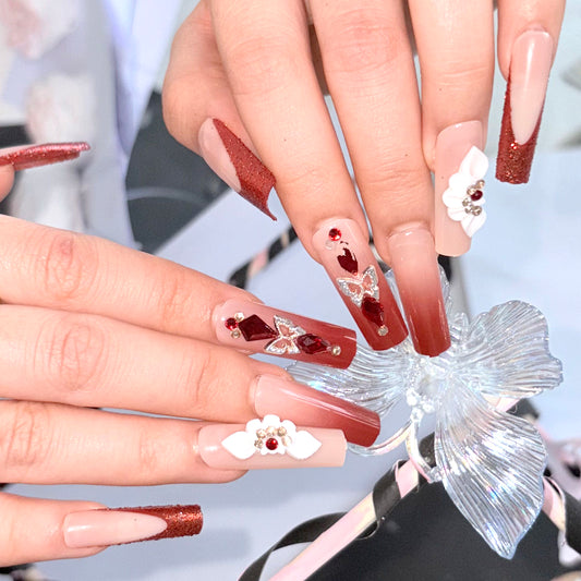 24Pcs Nude-Pink Red Diamond Floral Press-On Nails | Luxurious Wearable Manicure Set