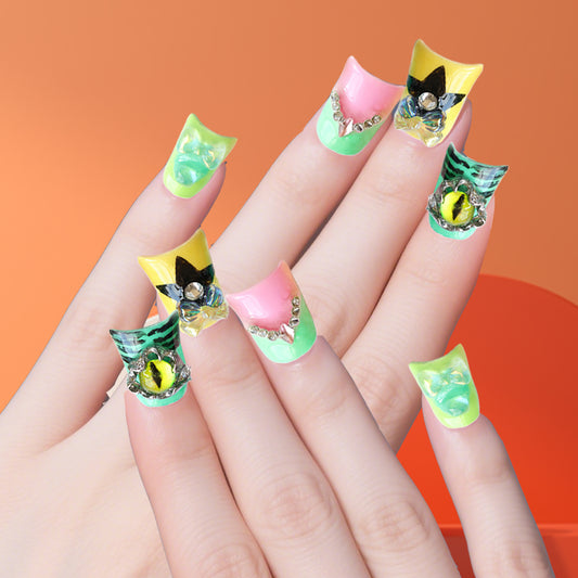 Shiny Two-Color Watermelon Short Wearable Nails | Trendy Personality Metal Accessories | Detachable Nail Art