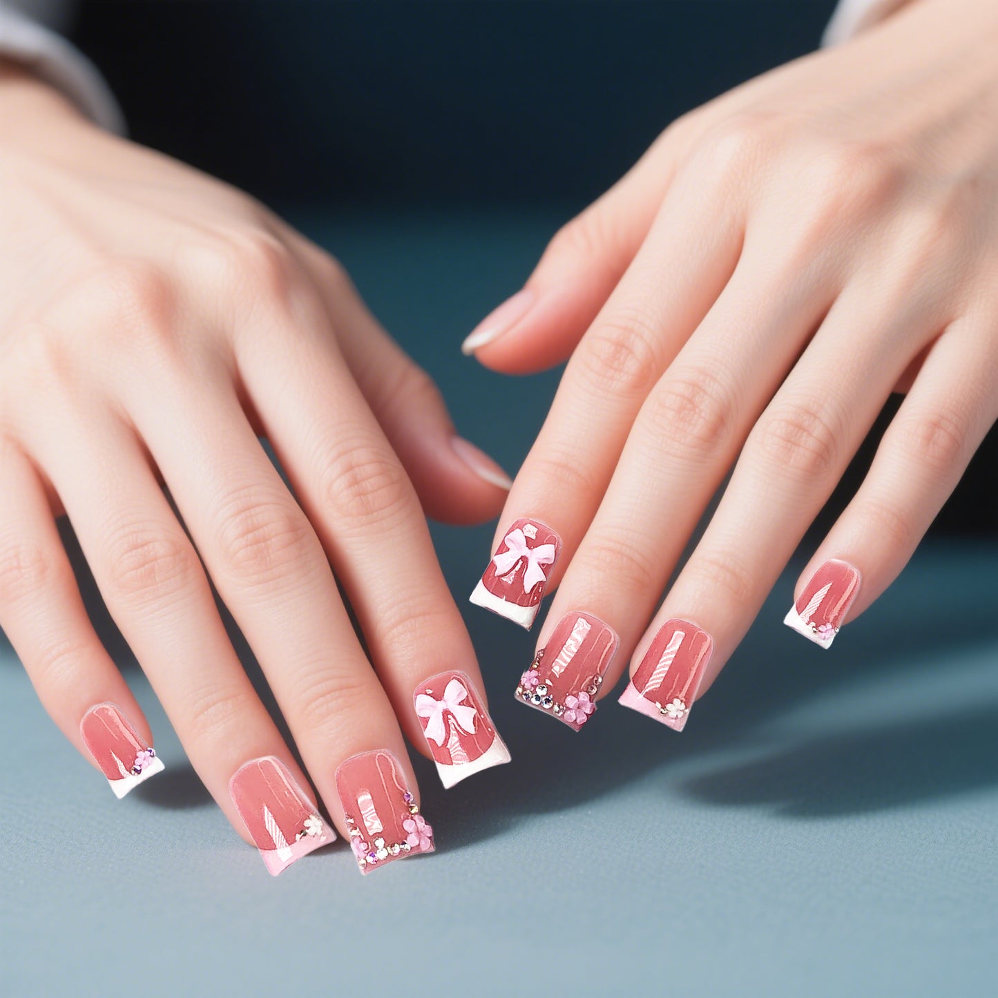 The slightly intoxicated peach-colored nail art is soft and mellow, showing a gentle temperament