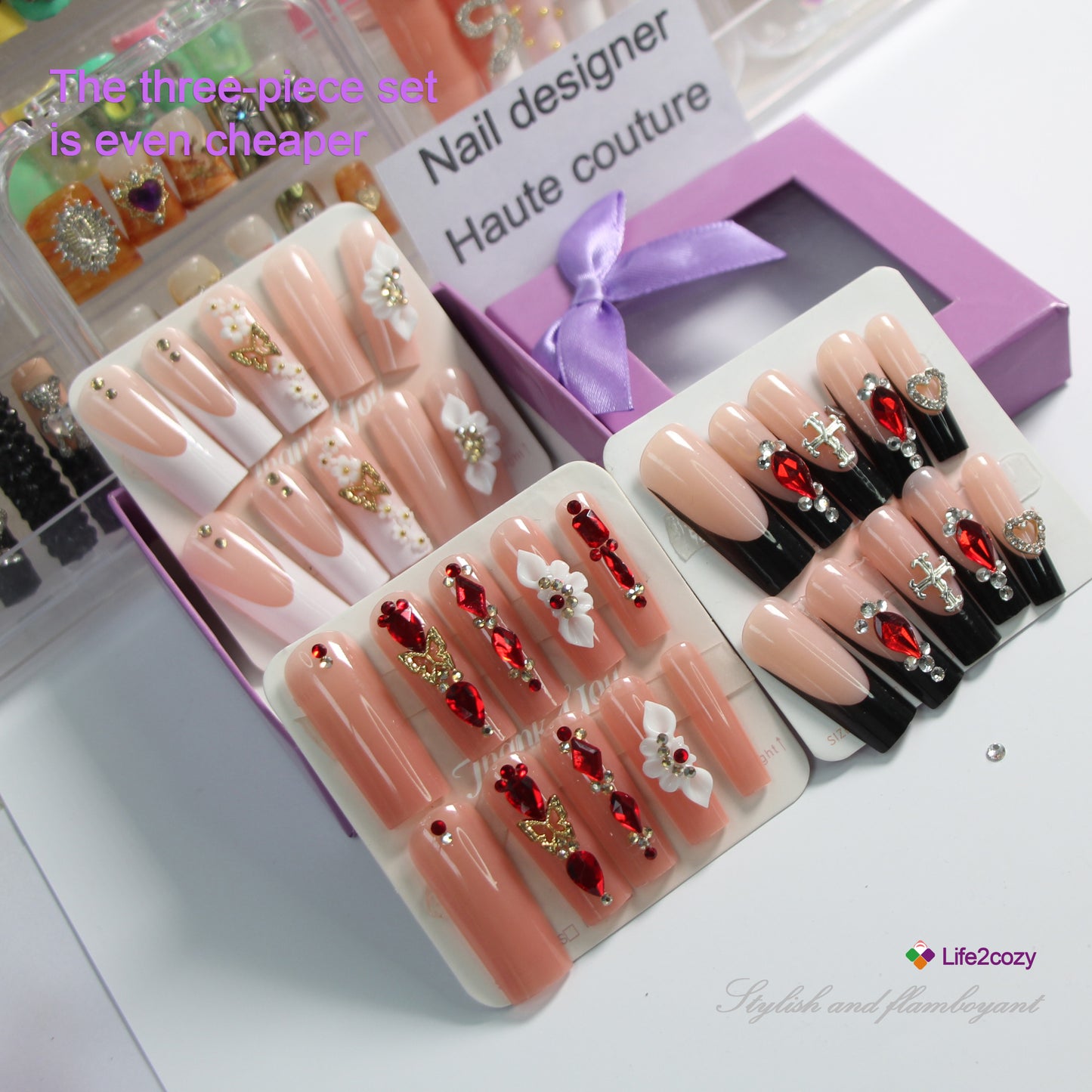 3-piece set, 10 nail tips set of elegant and luxurious wearable press-on nails in nude with stunning black, red and decorative accents