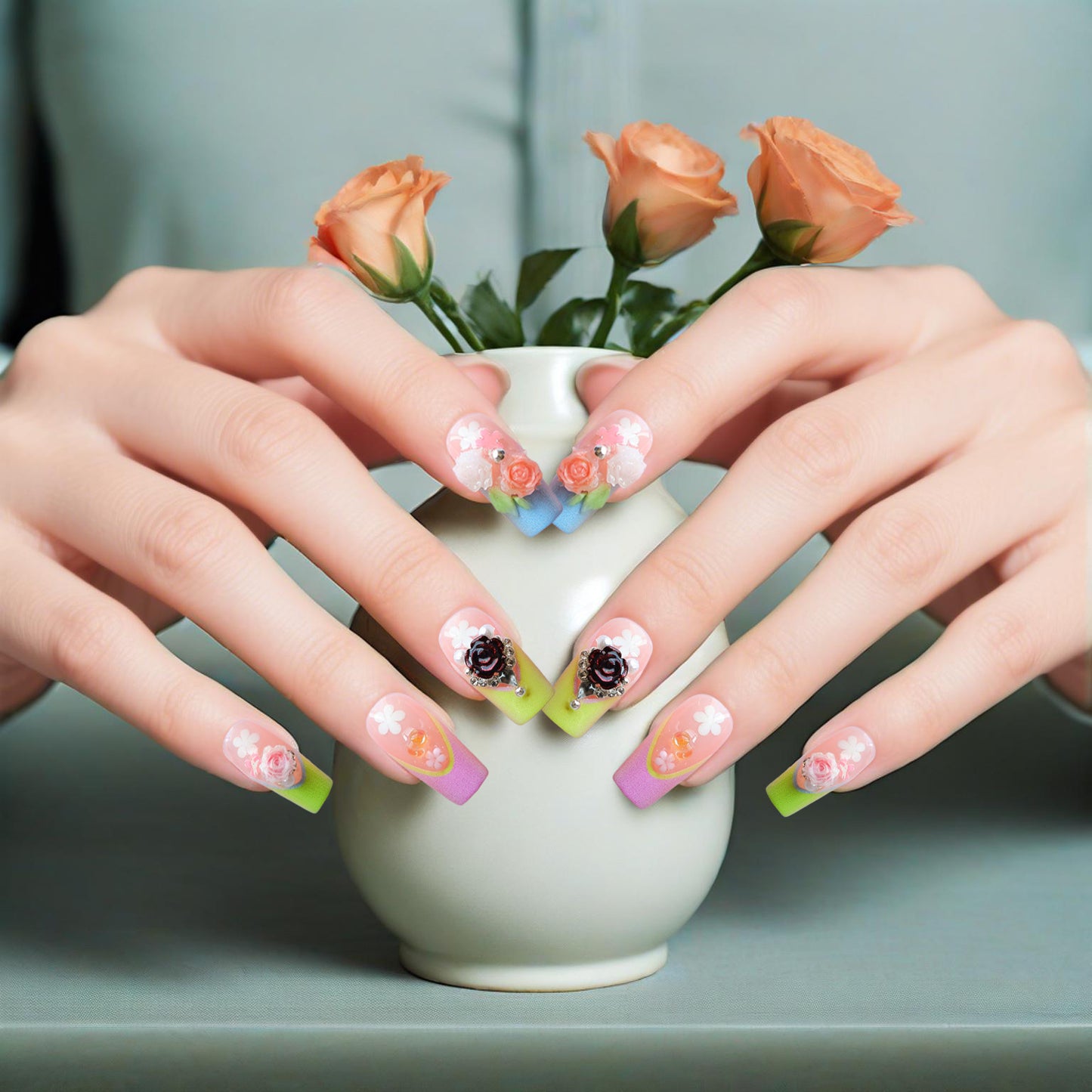Painted nail art Peony nails on fingertips