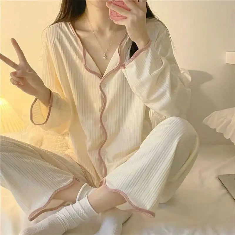 Pyjama à manches longues pour femme, ensemble de vêtements de détente, simple, à bords tirés, ample, pour étudiante, printemps et automne
