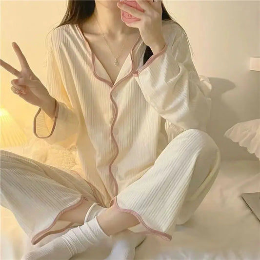Frühling und Herbst Langarm Hosen Pyjamas Loungewear Set Frauen Einfache Pull Edge Loose Girl Student Loungewear Loose Suit