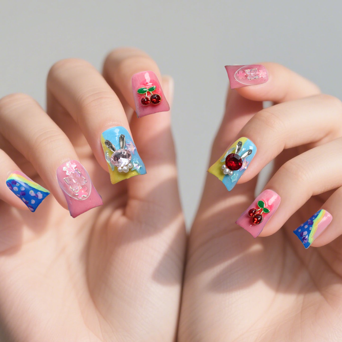 Colorful rainbow fun lively style cherry bunny decoration short wearable handmade nail art