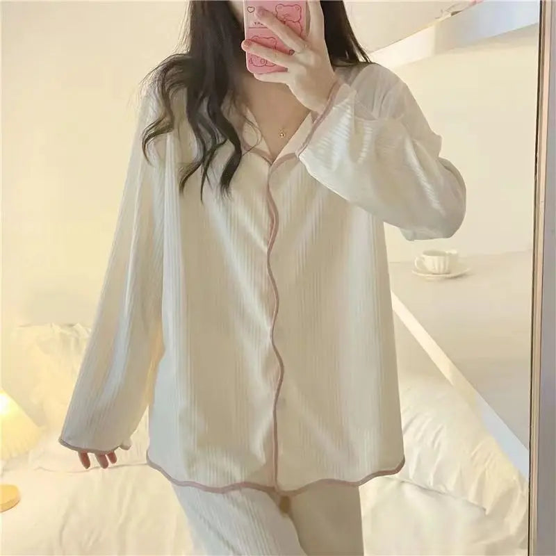 Pyjama à manches longues pour femme, ensemble de vêtements de détente, simple, à bords tirés, ample, pour étudiante, printemps et automne