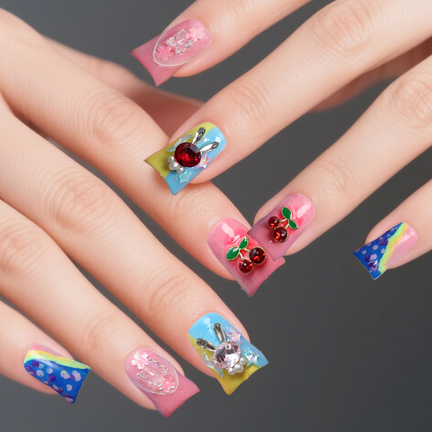 Colorful rainbow fun lively style cherry bunny decoration short wearable handmade nail art