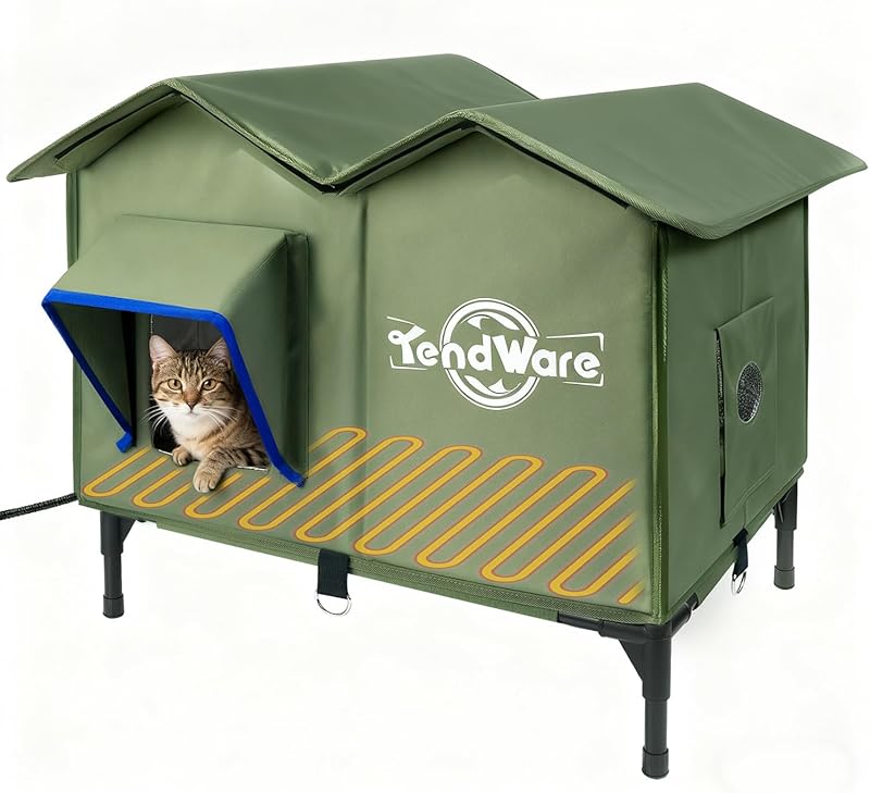 Outdoor Heated Cat House | Elevated Base | Cat-Attracting Eave Design | Feral Stray Shelter | Weatherproof For Winter | Garage Yard Porch Use | Size L