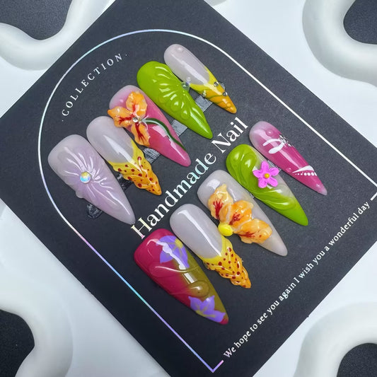 Summer Hot-Selling Nail Art | Butterfly Jelly Color | Bow Tie & 3D Transparent Ice Decor Wearable Nails