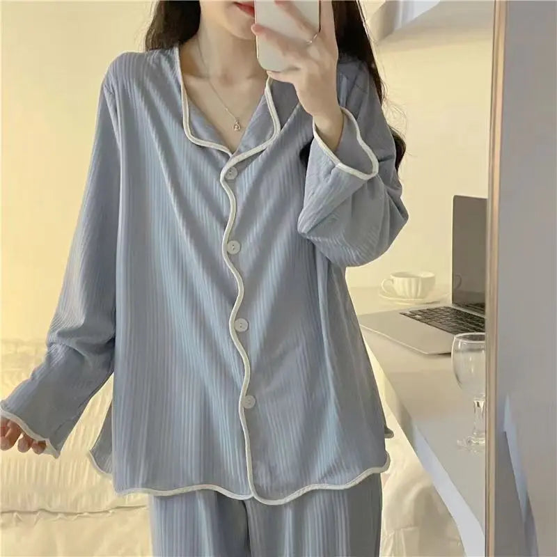 Pyjama à manches longues pour femme, ensemble de vêtements de détente, simple, à bords tirés, ample, pour étudiante, printemps et automne