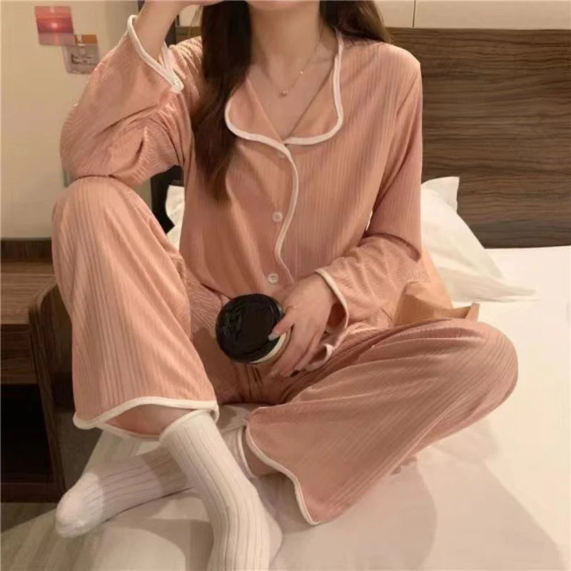 Pyjama à manches longues pour femme, ensemble de vêtements de détente, simple, à bords tirés, ample, pour étudiante, printemps et automne