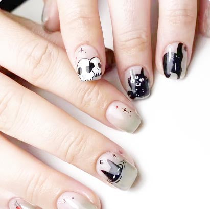 24Pcs Halloween Press-On Nails Set Colorful Short Square Skull Fake Nail Full Co