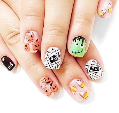 24Pcs Halloween Press-On Nails Set Colorful Short Square Skull Fake Nail Full Co