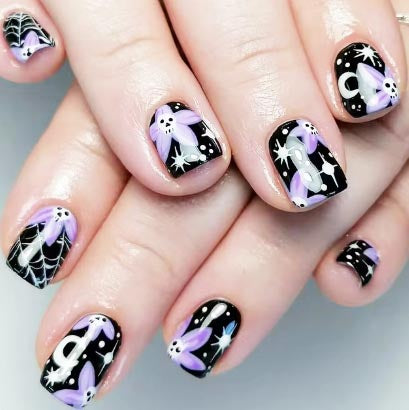 24Pcs Halloween Press-On Nails Set Colorful Short Square Skull Fake Nail Full Co