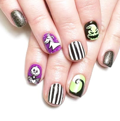 24Pcs Halloween Press-On Nails Set Colorful Short Square Skull Fake Nail Full Co