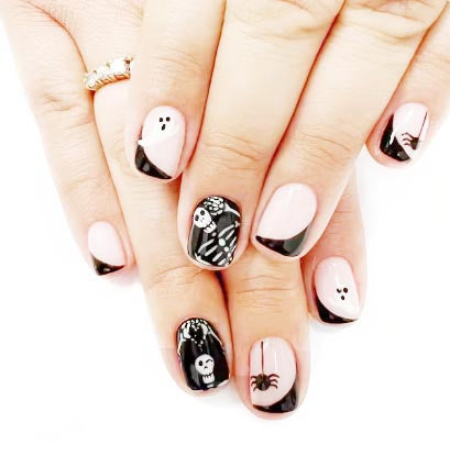 24Pcs Halloween Press-On Nails Set Colorful Short Square Skull Fake Nail Full Co