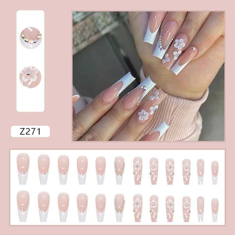 24pcs false nails with glue flower design long coffin french ballet false nails full coverage acrylic nail tips pressed nails