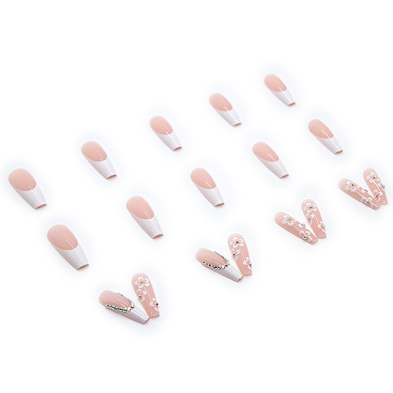 24pcs false nails with glue flower design long coffin french ballet false nails full coverage acrylic nail tips pressed nails