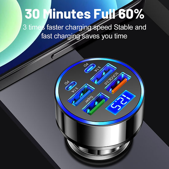 Car Charger Super Fast Charging 6 In 1 Multi-port Digital Display Mobile Charger