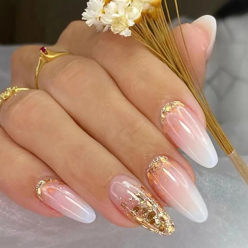 24 nail art pieces Luxury black gold: shining diamond geometric nail art wear nail tips
