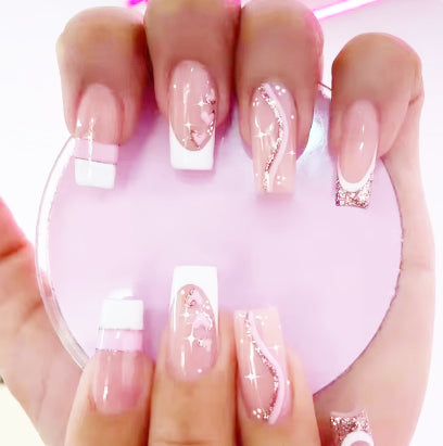 French manicure medium long press-on nails covered with false nails