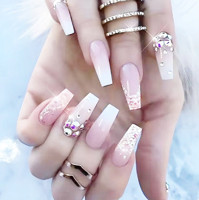 French manicure medium long press-on nails covered with false nails