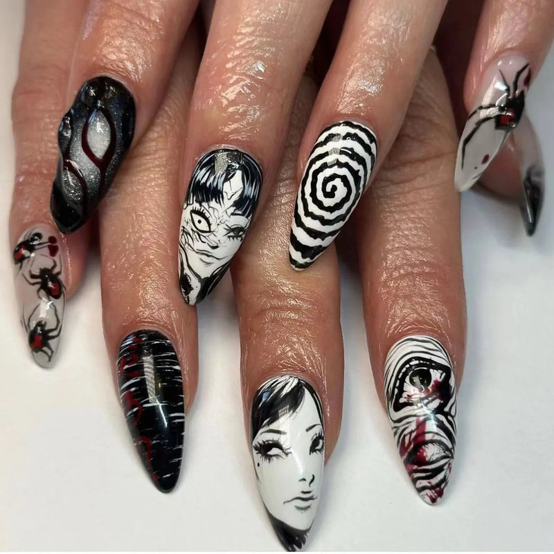 24 nail tips horror comics press-on nails almond nail art glossy black Japanese anime nails reusable