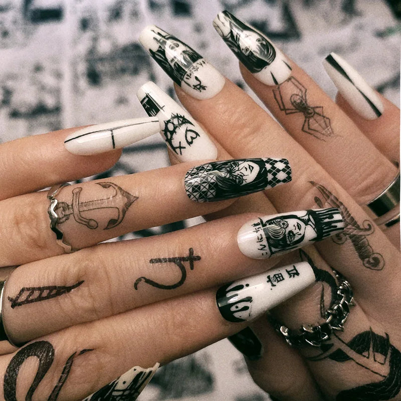 24 nail tips horror comics press-on nails almond nail art glossy black Japanese anime nails reusable