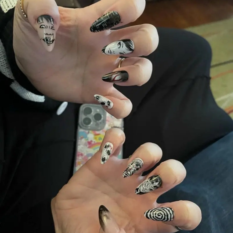 24 nail tips horror comics press-on nails almond nail art glossy black Japanese anime nails reusable