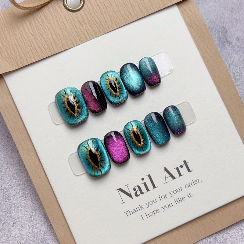 Cat-eye Design Press on Nails 10 Pcs Handmade Fake Nail Short Nail Tip Acrylic